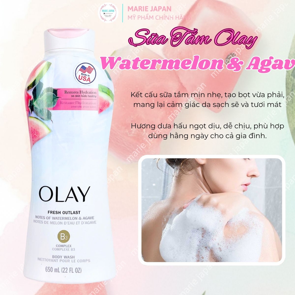 Sữa Tắm Olay Fresh Outlast Body Wash Hương Dưa Hấu Tươi Mát Dưỡng Ẩm Mịn Da Mỹ Chai 650ml