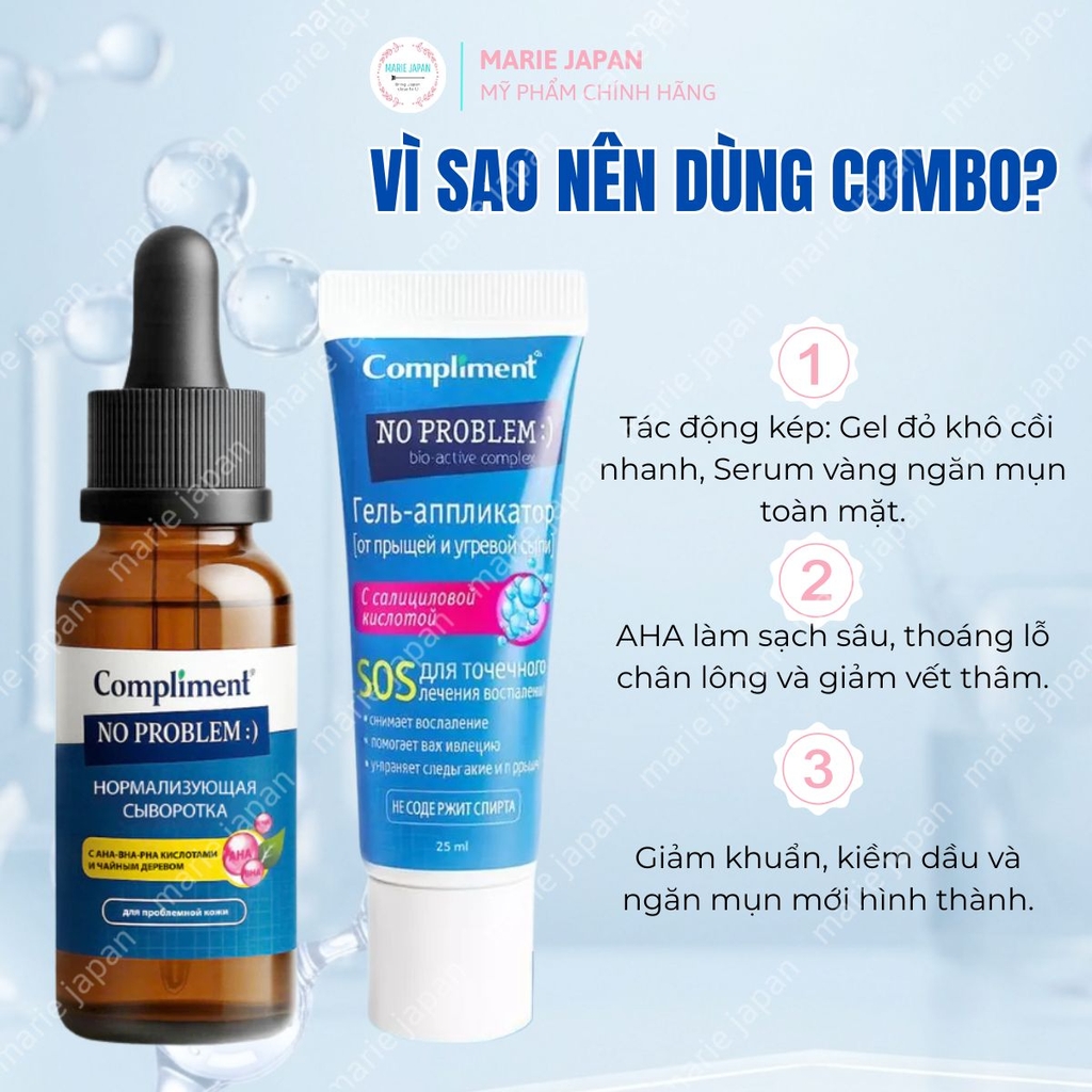 Combo 2 Món 1 Gel Chấm Mụn Compliment Đỏ SOS 25ml + 1 Serum Compliment Vàng- AHA TEATREE  27ml Giảm Mụn Mờ Thâm Nga