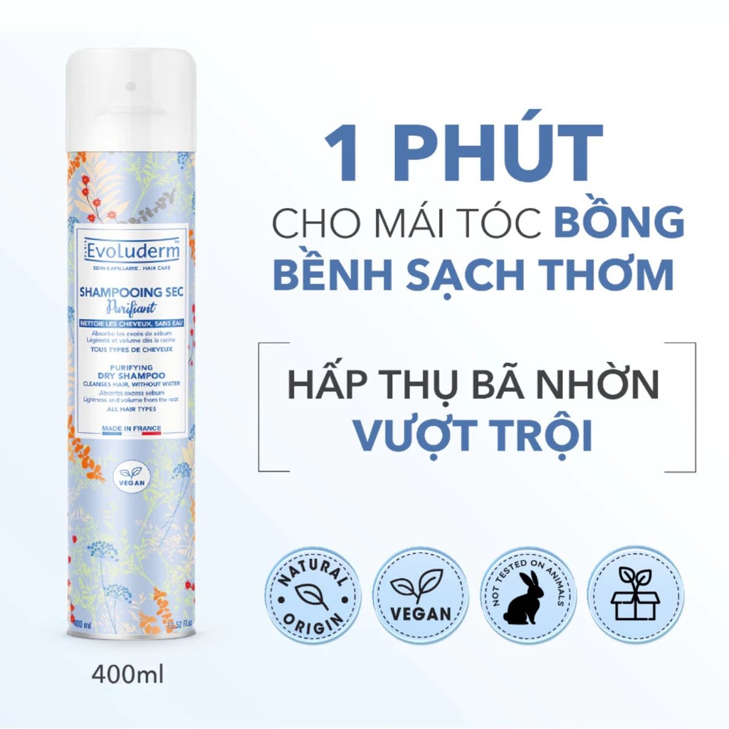 Dầu Gội Khô Evoluderm Sạch Nhanh Giảm Dầu Nhờn Cho Tóc Bồng Bềnh Shampooing Sec Purifying