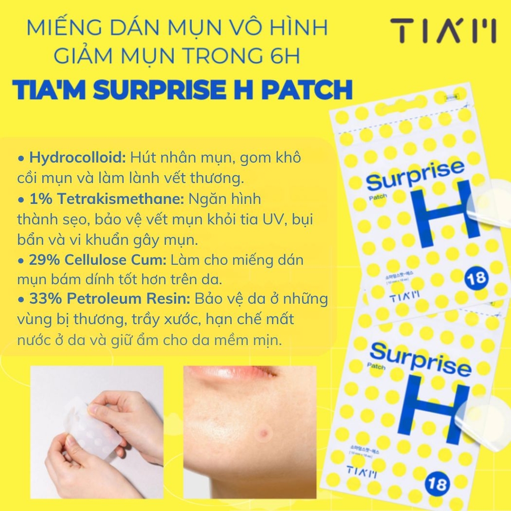 Miếng Dán Mụn TIAM Hydrocoloid Siêu Mỏng Giảm Viêm Xẹp Mụn Surprise H Patch Hàn Quốc 18 Miếng