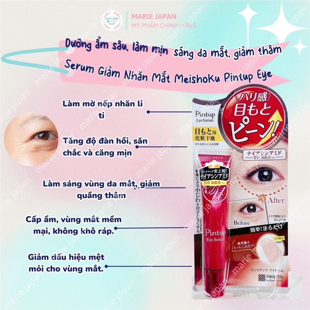 Tinh Chất Giảm Nhăn Mắt Meishoku Dưỡng Săn Chắc Mờ Thâm Sạm Pintup Eye Serum Nhật Bản Tuýp 15g - TẶNG 2 SAMPLE SERUM GIẢM NHĂN NA15