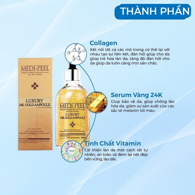 Serum Medi Peel Vàng 24K Luxury Gold Ampoule Dưỡng Ẩm Da Trắng Sáng Chống Lão Hóa 100ml Hàn Quốc