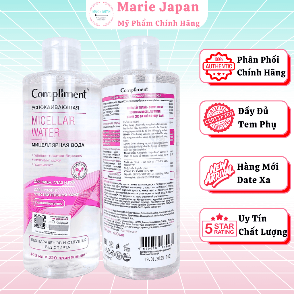 Nước Tẩy Trang Compliment Micellar Water - XANH LÁ THUẦN CHAY -Chai 400ml