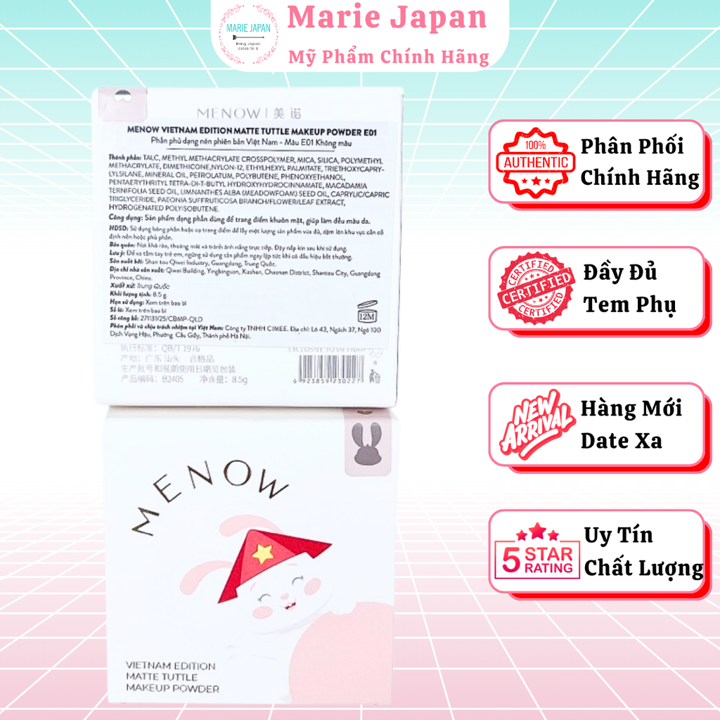 [MUA 1 TẶNG 1] Phấn Phủ Nén MENOW Rabbit Compact Powder Kiềm Dầu Chống Nước Che Phủ Hoàn Hảo 8.5g