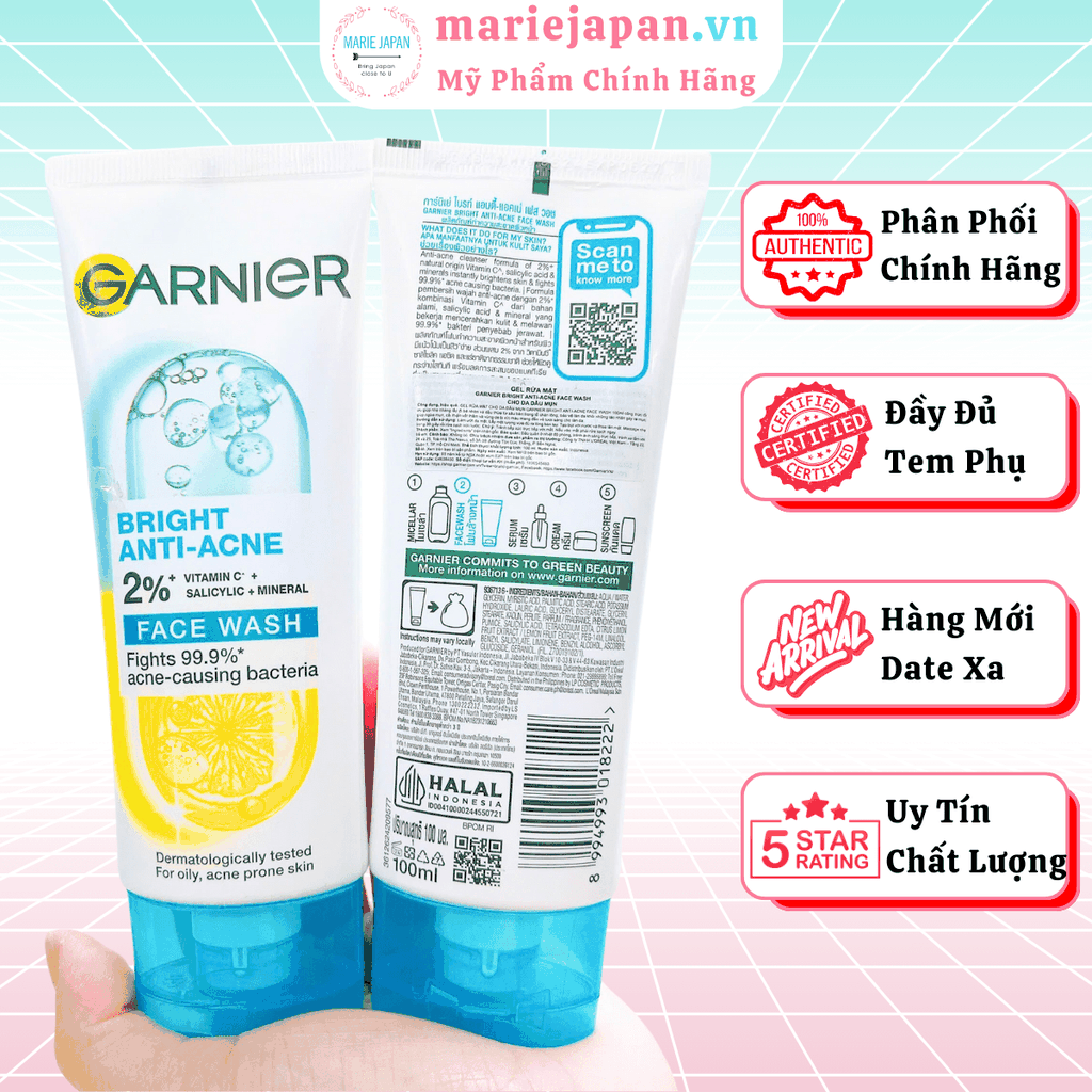 Sữa Rửa Mặt Garnier 3in1 Giảm Mụn Dưỡng Sáng Da Bright Complete Anti-Acne MẪU MỚI Pháp 100ml