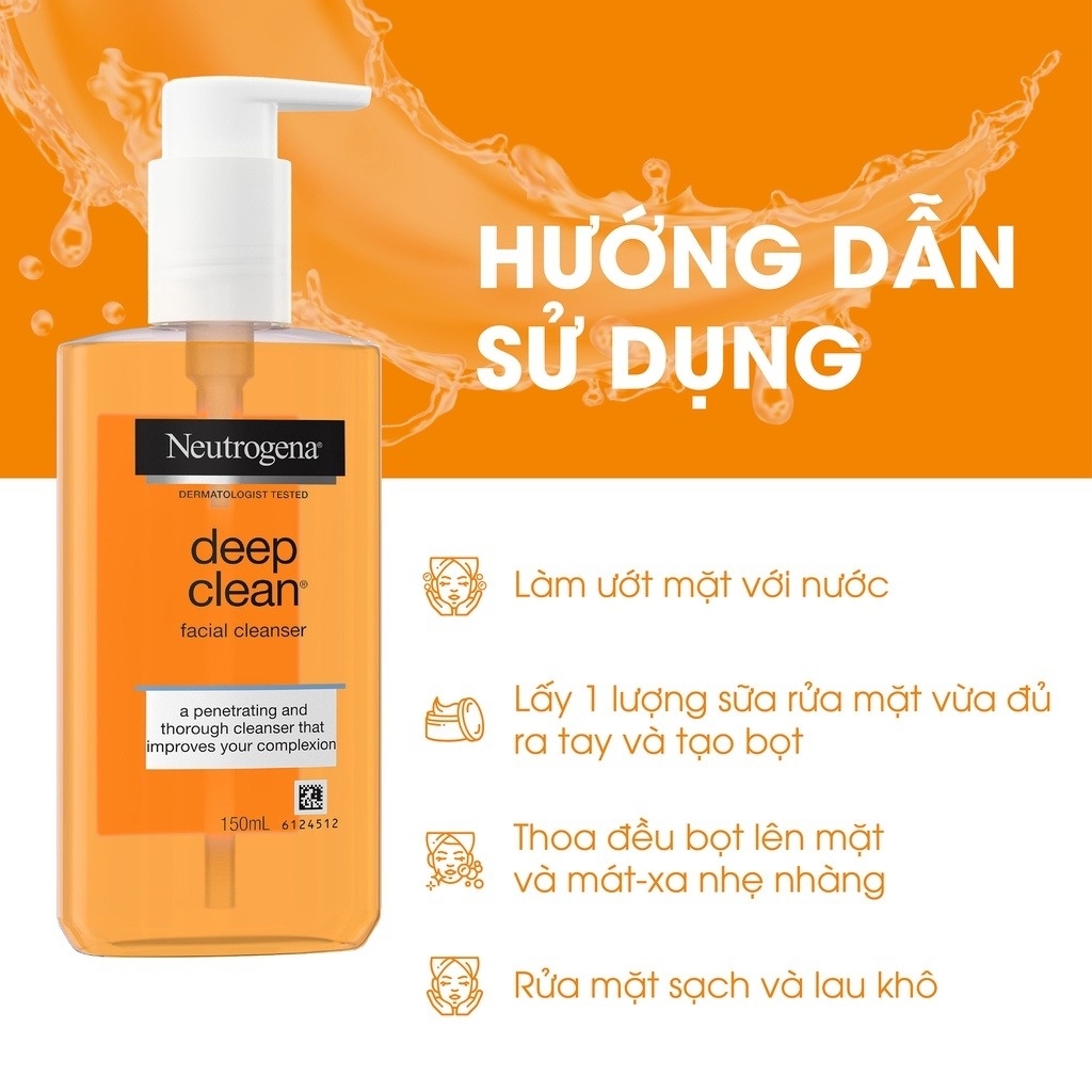Sữa Rửa Mặt Neutrogena Deep Clean Facial Cleanser Làm Sạch Sâu Sáng Da Giảm Mụn Dạng Gel Mỹ - Chai 150ml