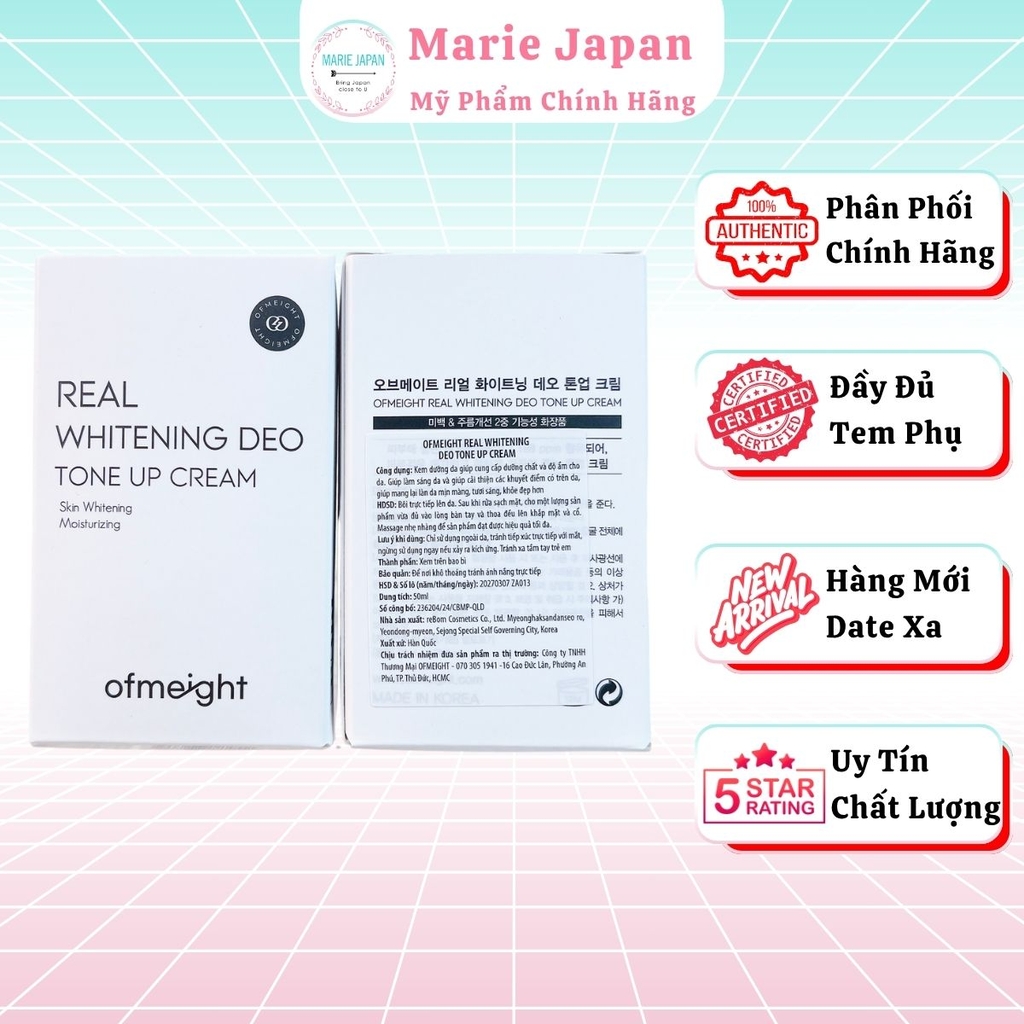Kem Dưỡng Trắng Nách Ofmeight Real Whitening Deo Tone Up Sáng Da Khử Mùi Dưỡng Mềm Mịn Hàn Quốc Tuýp 50ml