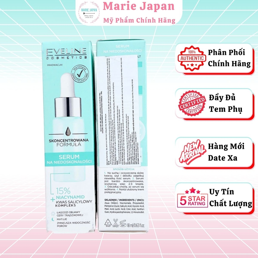 Serum Eveline 15% Niacinamide Concentrated Formula Dưỡng Sáng Mịn Da Mờ Thâm Mụn Chai 18ml