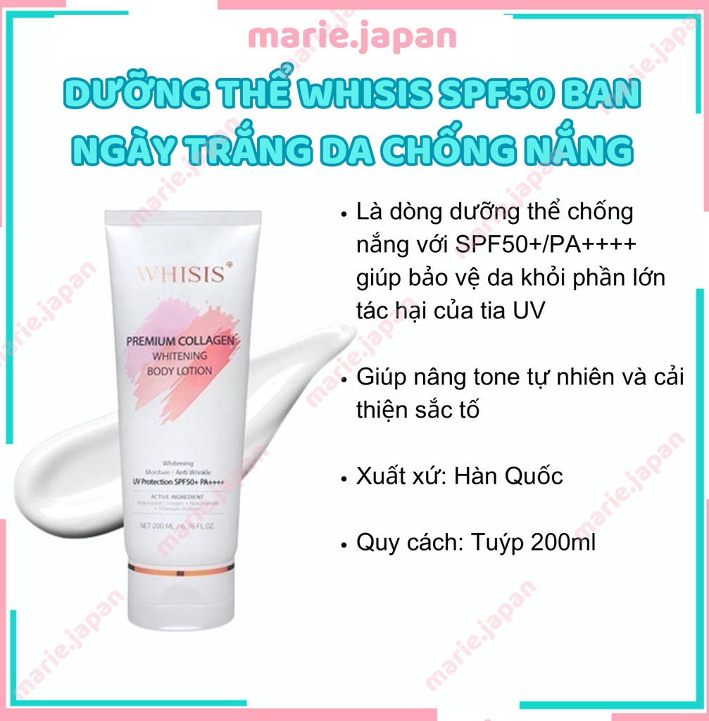 Dưỡng Thể Whisis Ban Ngày Premium Collagen Whitening UV SPF50 Tuýp 200ml