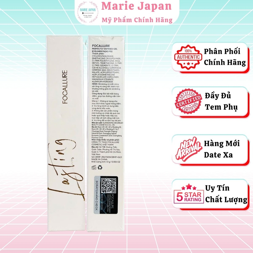 Kẻ Mắt Focallure Đầu Mảnh Siêu Mịn Chống Nước Lâu Trôi Perfectly Defined Gel Eyeliner 1.7mm