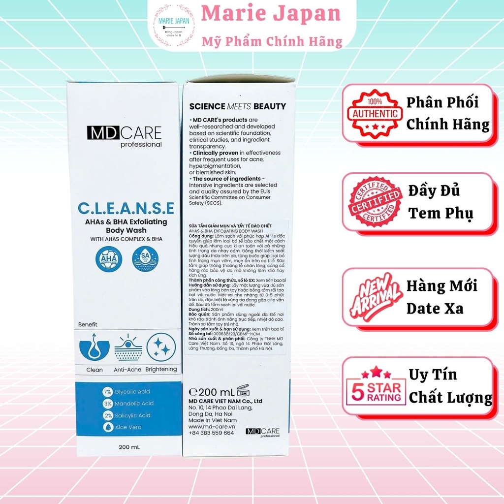 Sữa Tắm MD CARE AHAs & BHA Giảm Mụn Tẩy Tế Bào Chết Sạch Da Exfoliating Body Wash 200ml