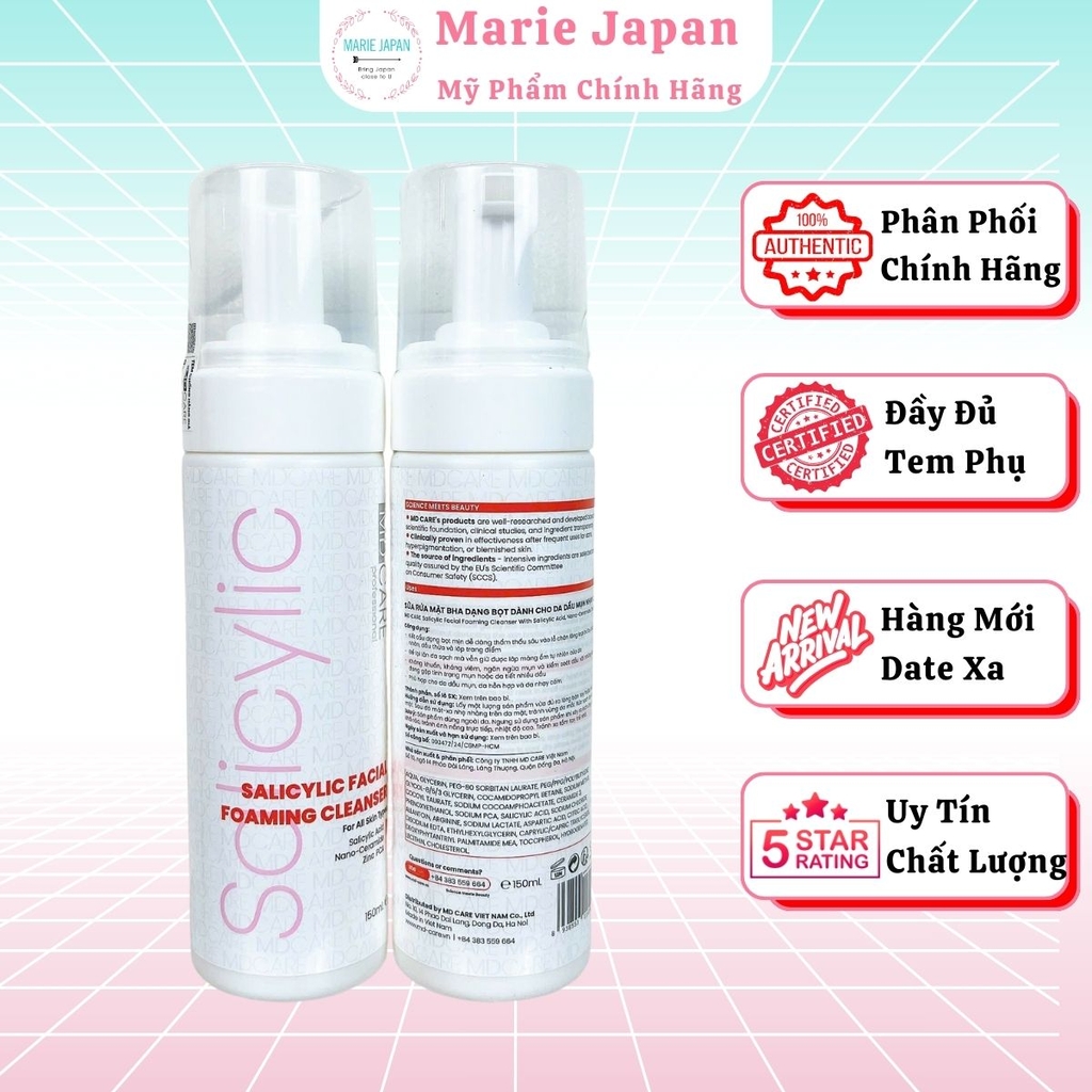 Sữa Rửa Mặt MD CARE  BHA Dạng Bọt Sạch Sâu Kiềm Dầu Giảm Mụn Cho Da Dầu Mụn Nhạy Cảm 150ml