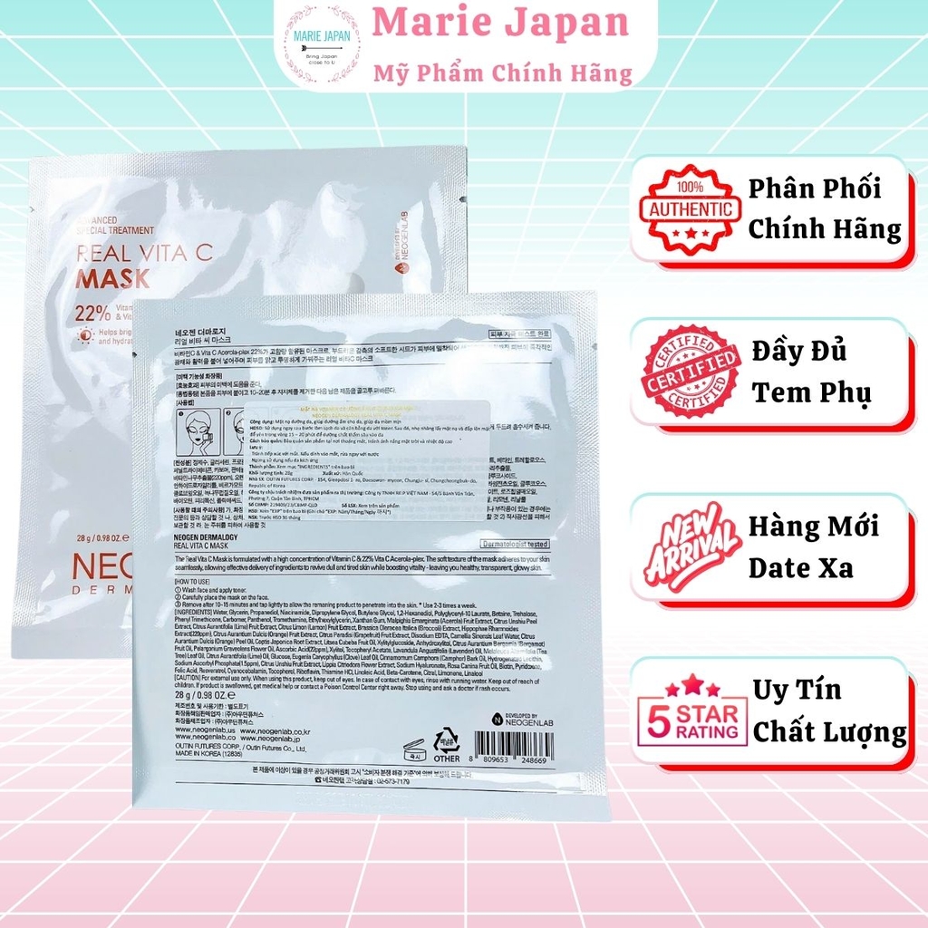 [1 MIẾNG LẺ] Mặt Nạ Serum x3 Neogen Real Vita C Mask 22% Dưỡng Trắng Mờ Thâm Hàn Quốc