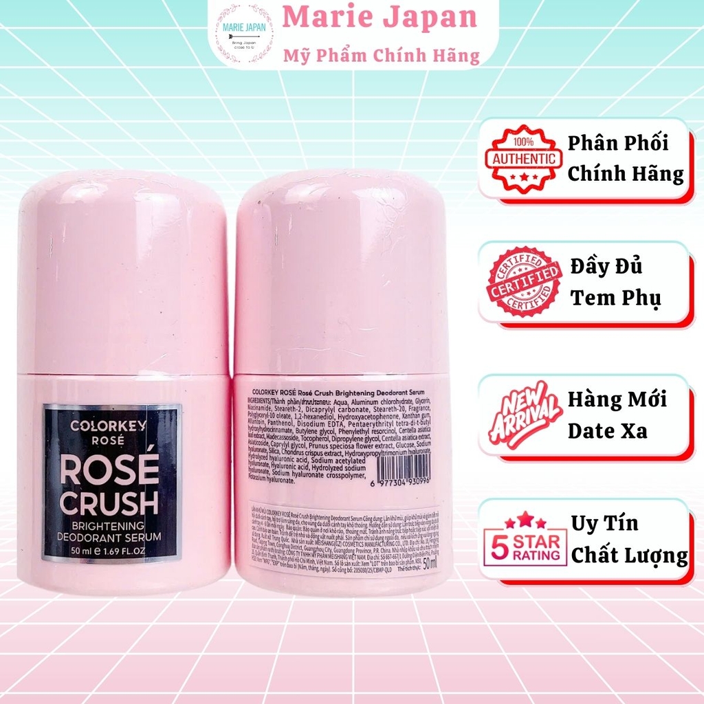 Lăn Khử Mùi Colorkey Rosé Crush Dưỡng Sáng Khử Mùi Khô Thoáng Mềm Mịn Da Brightening Deodorant Serum Chai 50ml - TẶNG 1 SET 2 SAMPLE GEL TẮM ROSE CRUSH