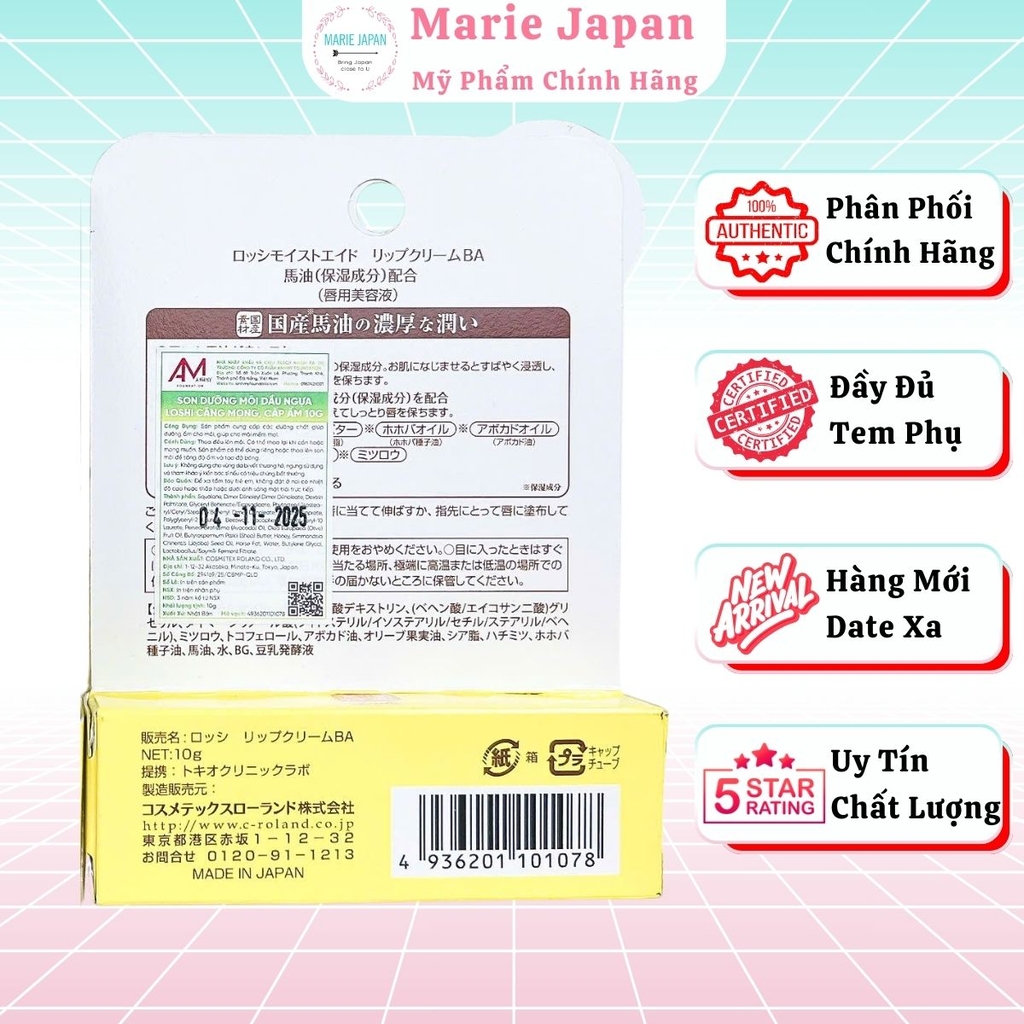 Son Dưỡng Loshi Horse Oil Dưỡng Ẩm Mềm Môi Căng Bóng Moisture Lip Cream Nhật Bản Thỏi 10g