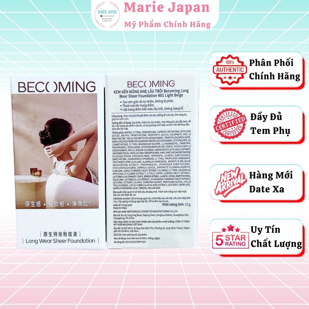 Kem Nền Dạng Lỏng BECOMING Mỏng Nhẹ Bền Màu Lâu Trôi Tự Nhiên Long Wear Sheer Foundation 12g