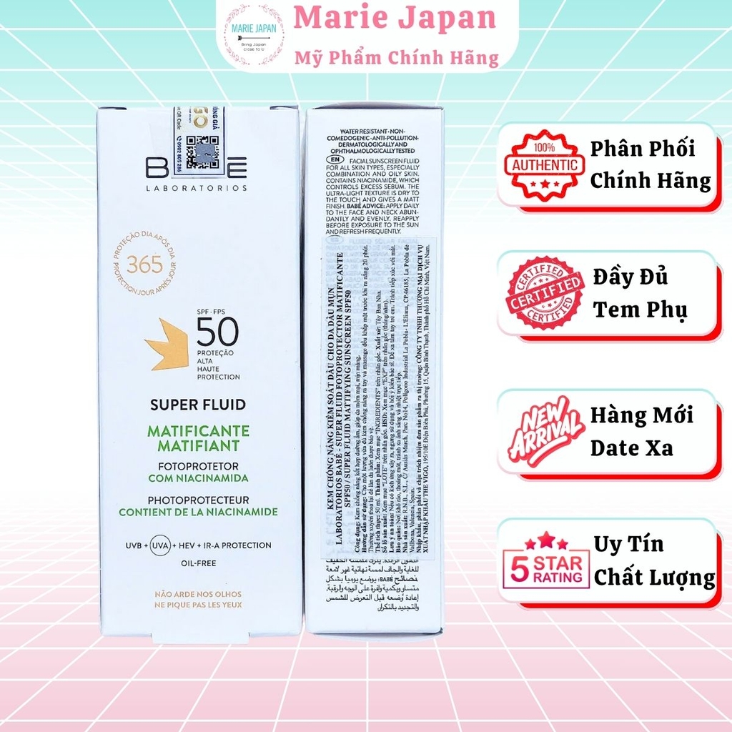 Kem Chống Nắng Babe Super Fluid Mattifying SPF50+ Kiềm Dầu Dưỡng Ẩm Mịn Da Tây Ban Nha 50ml