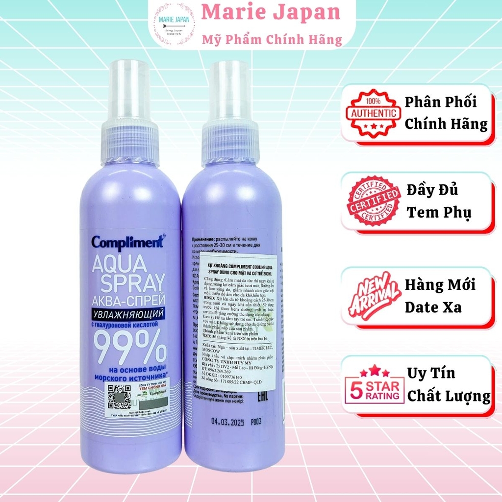 Xịt khoáng Compliment Aqua Spray 99% Cấp Ẩm Làm Mát Dịu Da 200ml
