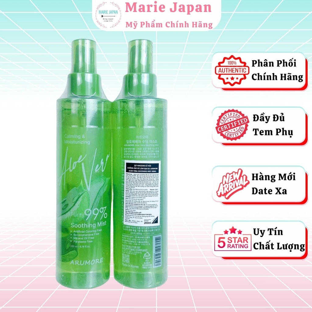 Xịt Khoáng Arumore Aloe Vera 99% Cấp Ẩm Làm Dịu Cân Bằng Da Soothing Mist Hàn Quốc Chai 200ml