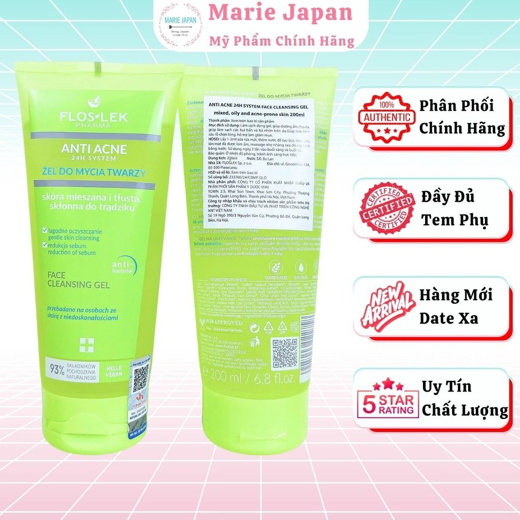 Sữa Rửa Mặt Floslek Giảm Dầu Mụn Dịu Nhẹ Thông Thoáng Da Anti Acne 24h System Face Cleansing Gel Ba Lan