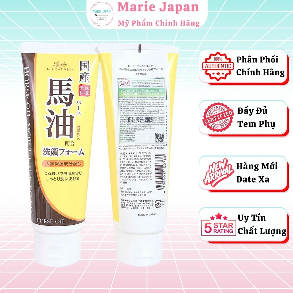 Sữa Rửa Mặt Dầu Ngựa Loshi Sạch Sâu Dưỡng Ẩm Mịn Da Horse Oil Moist Face Foam Nhật Bản Tuýp 130g