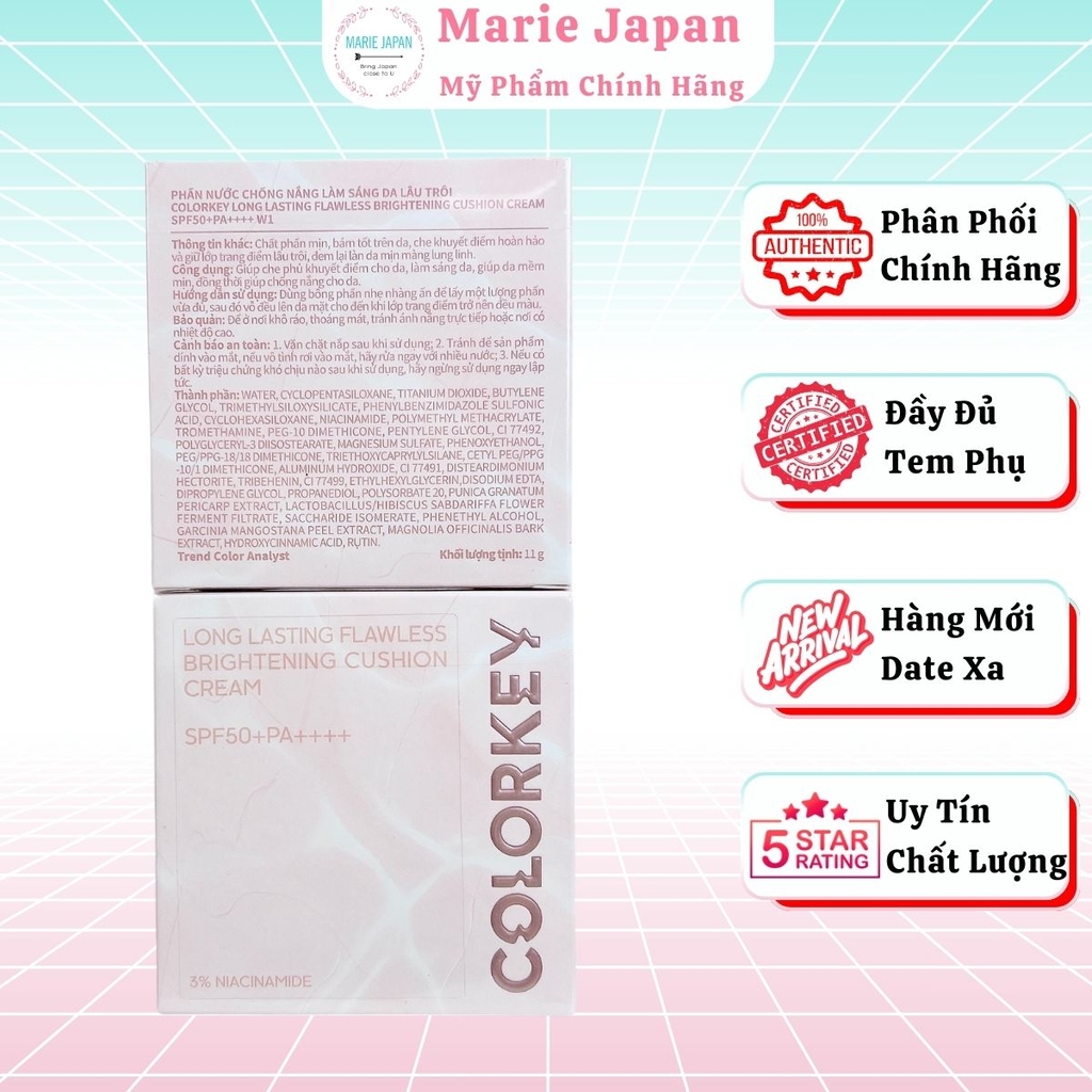 Cushion Chống Nắng COLORKEY SPF 50+ PA++++  Mỏng Nhẹ Lâu Trôi Tự Nhiên Long Lasting Flawless Brightening 11g - TẶNG  1 GƯƠNG CẦM TAY