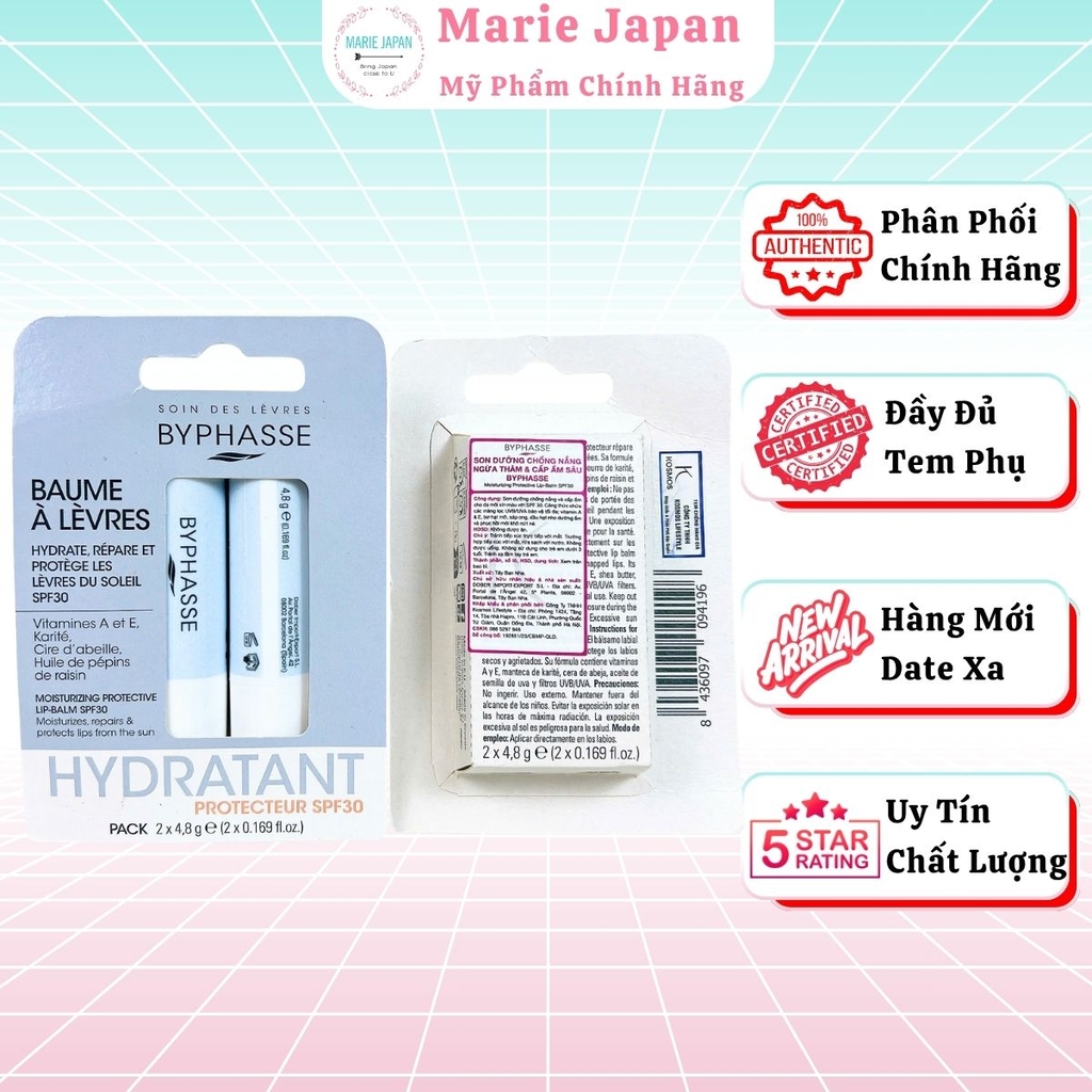 Son Dưỡng Byphasse Protector Lip Balm SPF30 Dưỡng Ẩm Chống Nắng Mờ Thâm Set 2 Son