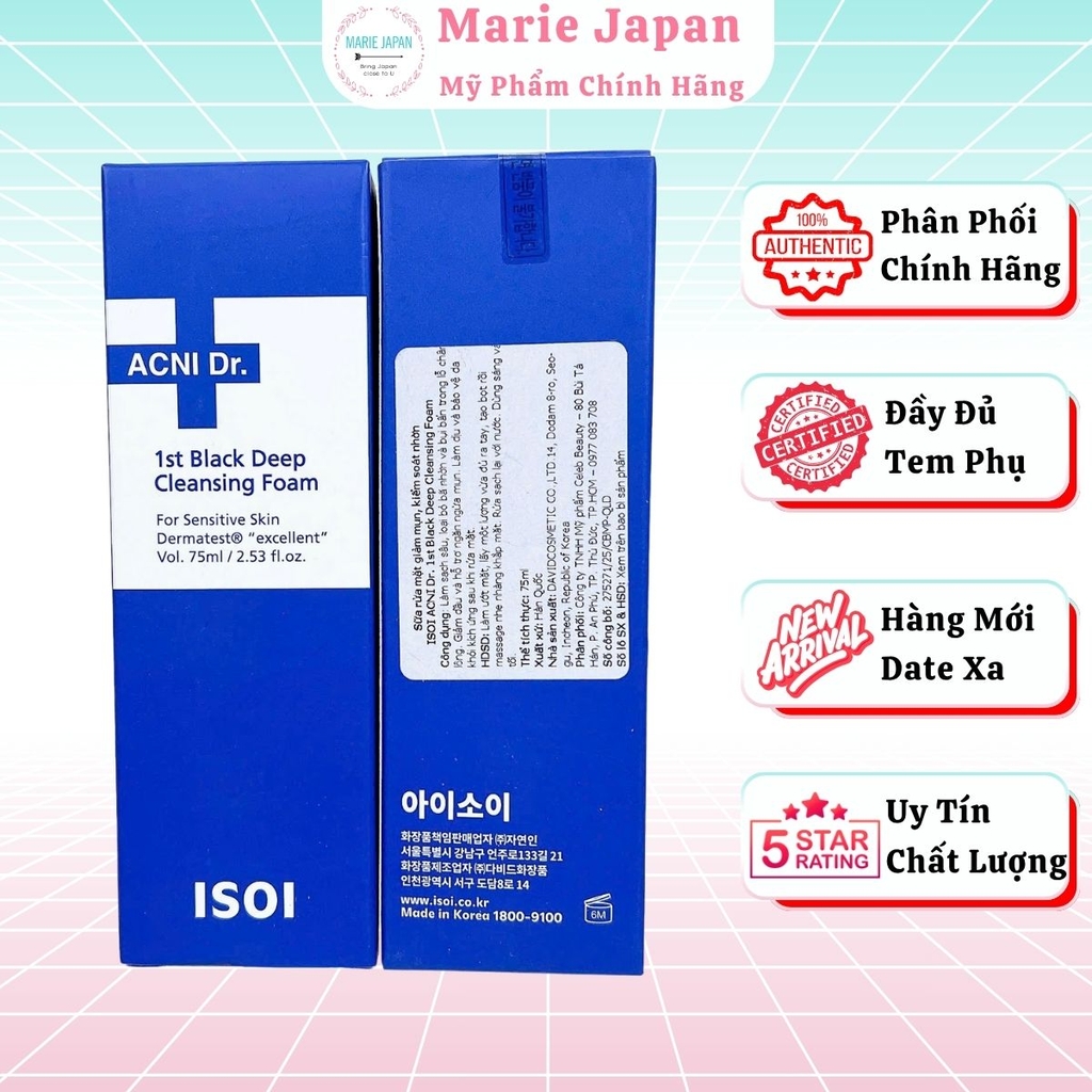 Sữa Rửa Mặt ISOI Than Hoạt Tính Sạch Sâu Giảm Dầu Nhờn Hiệu Quả ACNI Dr. 1st Black Deep Cleansing Foam Hàn Quốc 75ml