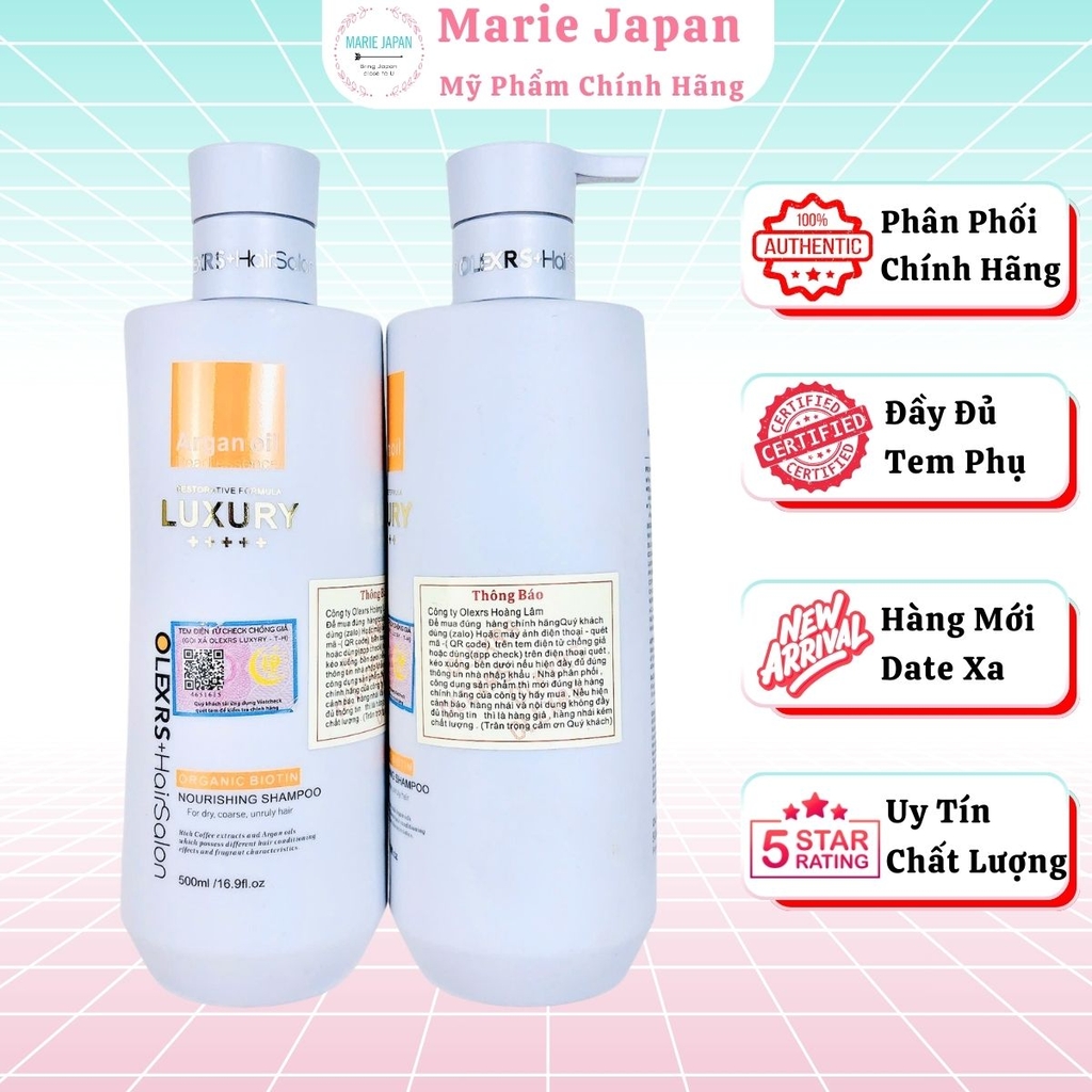 Set Gội Xả Olexrs Luxury  Phục Hồi Giảm Rụng Bóng Mượt Argan Oil & Pearl Essence Anh 500ml