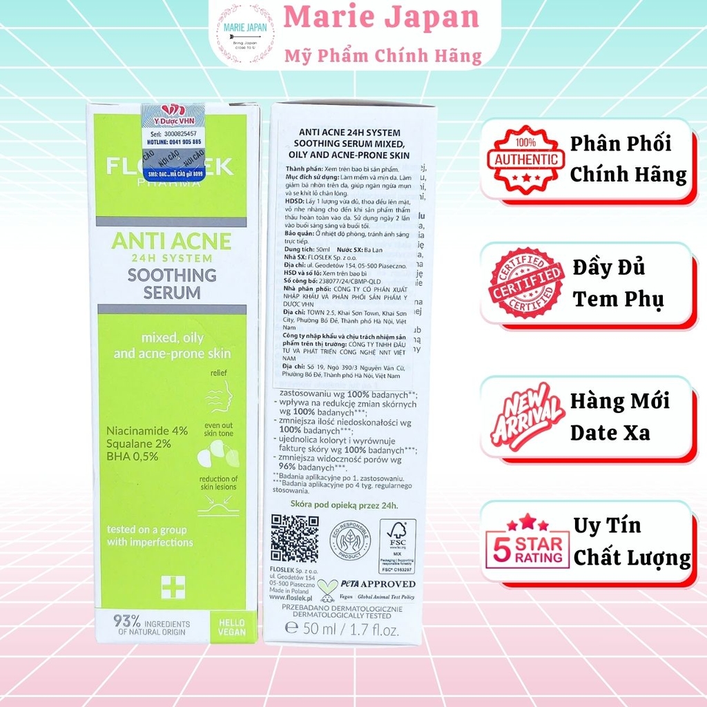 Serum Floslek Giảm Mụn Kiền Dầu Se Lỗ Chân Lông Anti Acne Soothing Tuýp 50ml