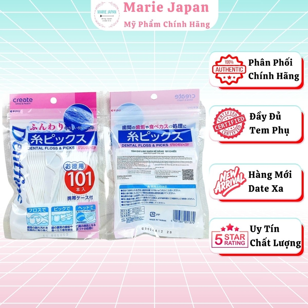 Tăm Chỉ Create Dental Floss & Picks Sạch Kẽ Răng Nhẹ Nhàng An Toàn Nhật Bản Túi 101 Cây