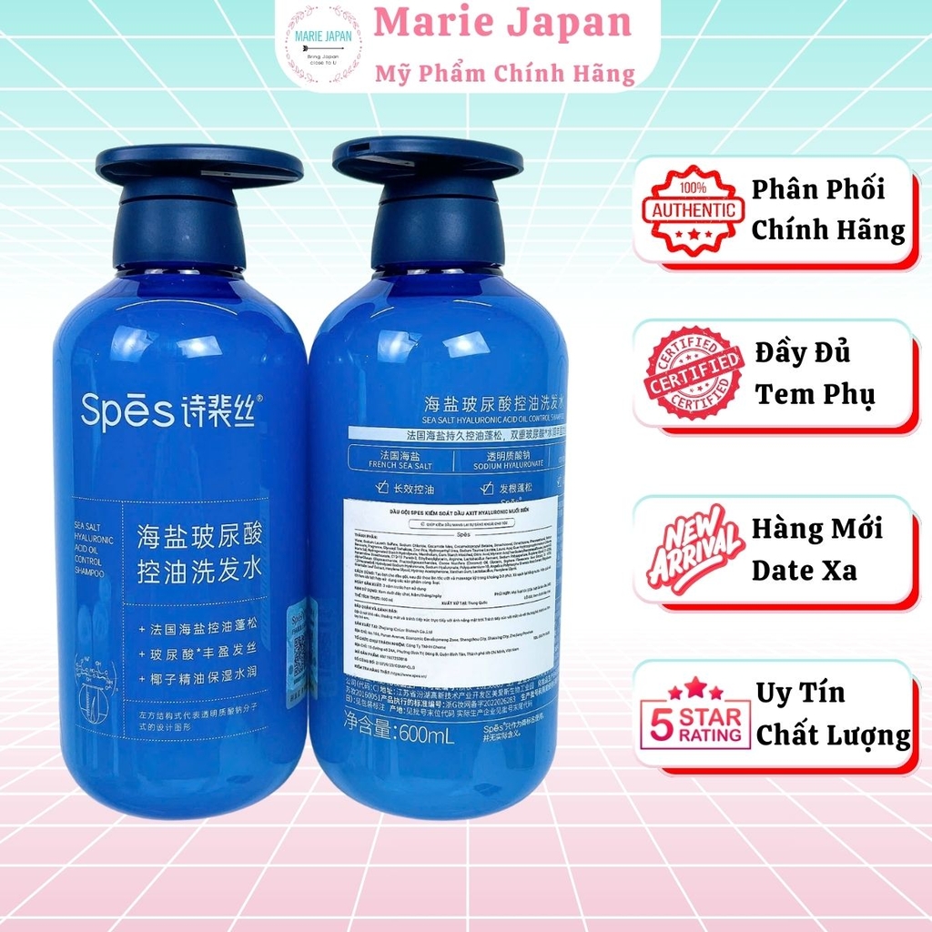 Dầu Gội Xả Spes Axit Hyaluronic Muối Biển Sạch Sâu Kiềm Dầu Dưỡng Ẩm Phục Hồi Tóc Bồng Bềnh Chai 600ml
