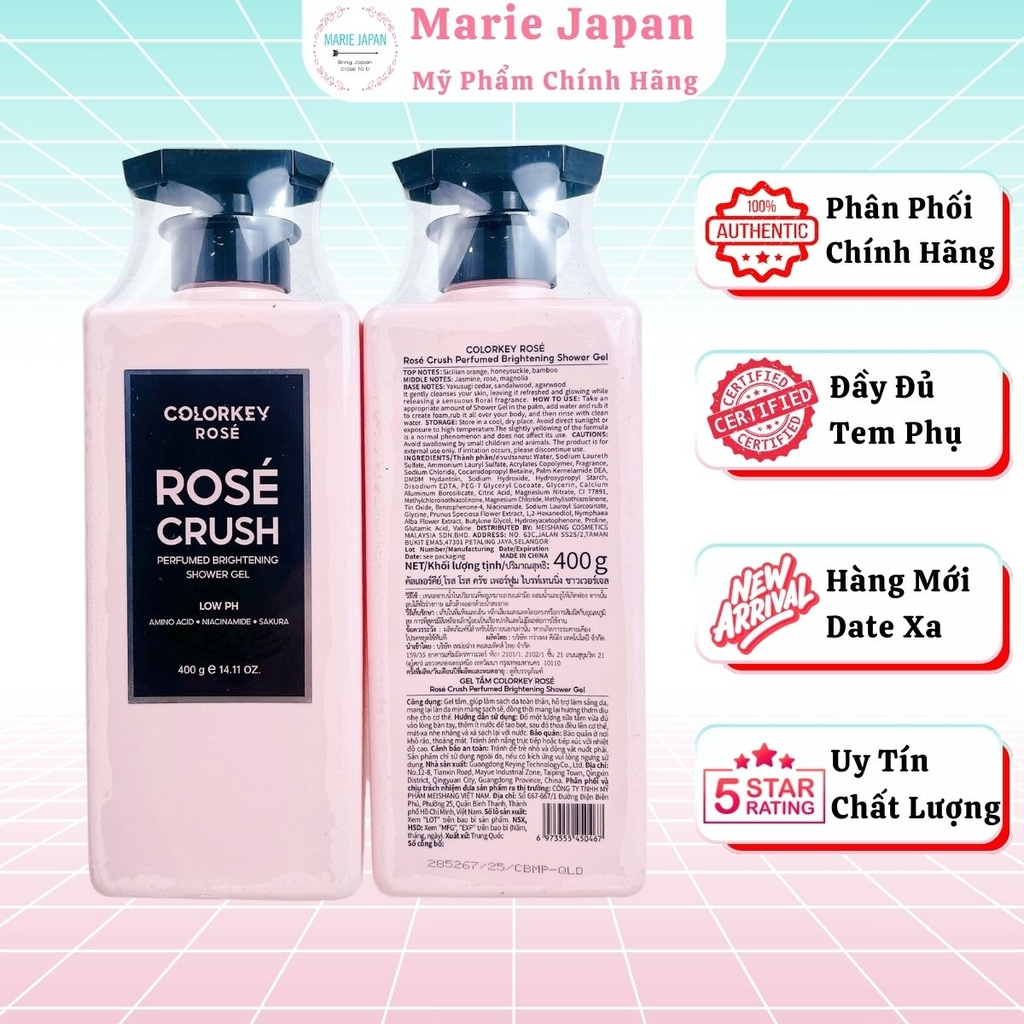 Gel Tắm Colorkey Rosé Crush Dưỡng Sáng Hương Thơm Lâu Dịu Nhẹ Perfumed Brightening Shower Gel Chai 400g TẶNG 1 SET 2 SAMPLE GEL TẮM ROSE CRUSH
