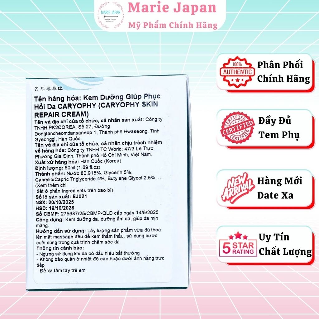 Kem Dưỡng Caryophy Skin Repair Cream Phục Hồi Làm Dịu Cân Bằng Da Hàn Quốc Hộp 50ml