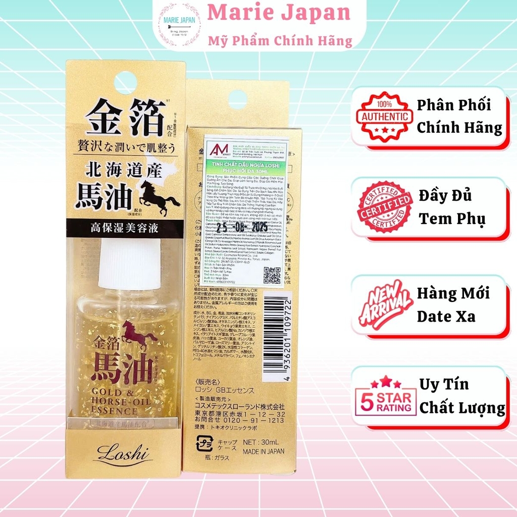 Tinh Chất Dầu Ngựa Loshi Phục Hồi Dưỡng Ẩm Sáng Mịn Gold & Horse Oil Essence Nhật Bản Chai 30ml