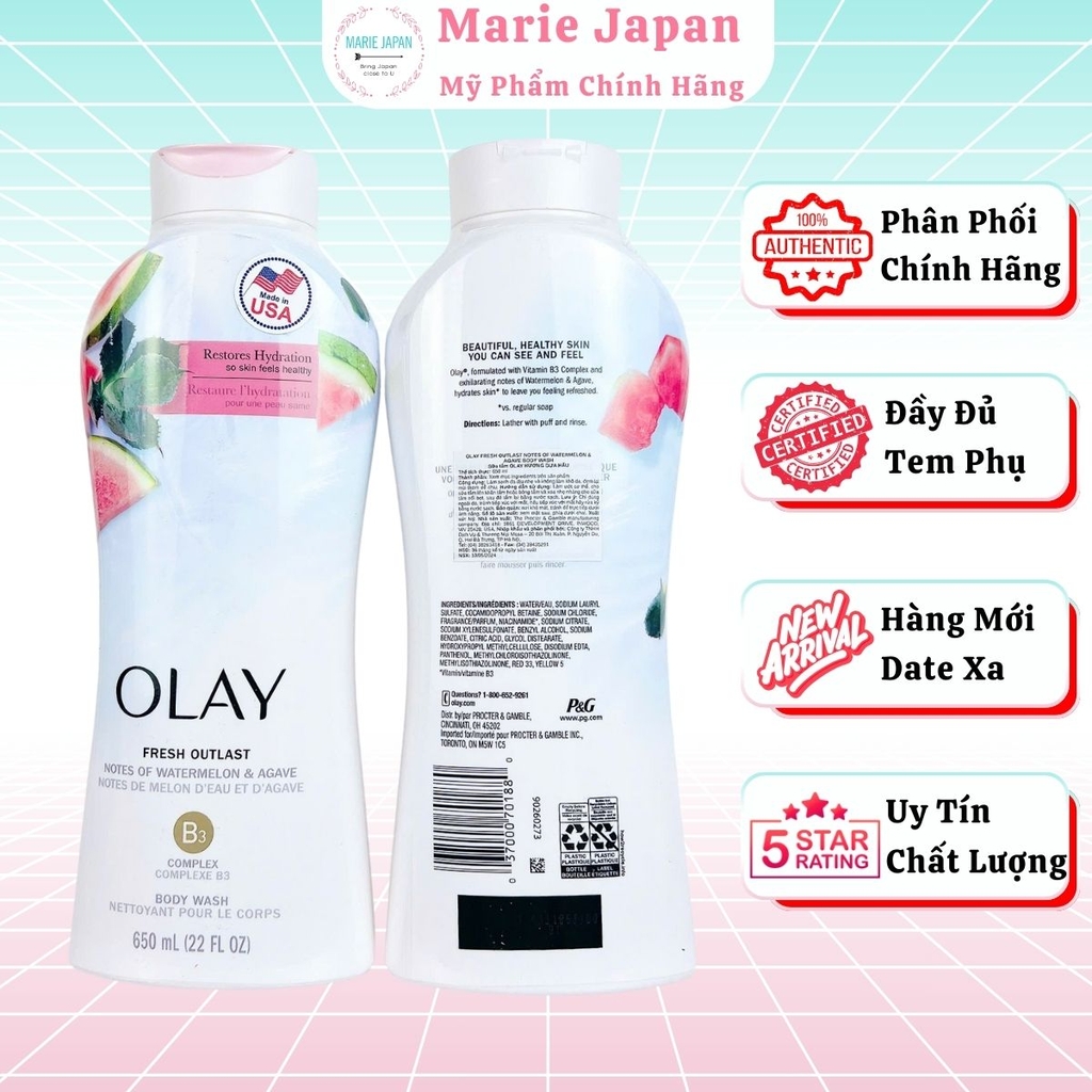 Sữa Tắm Olay Fresh Outlast Body Wash Hương Dưa Hấu Tươi Mát Dưỡng Ẩm Mịn Da Mỹ Chai 650ml