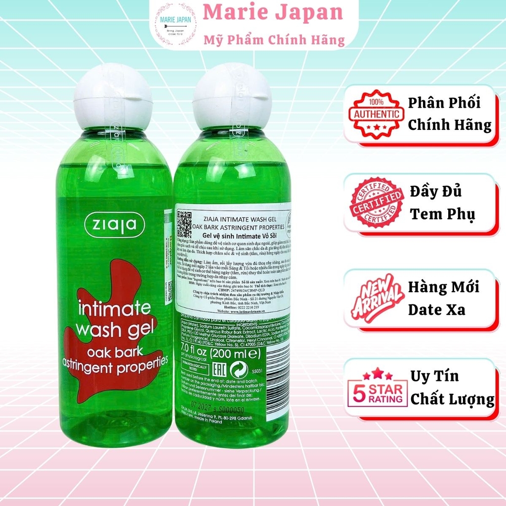 Dung Dịch Vệ Sinh Intimate ZIAJA Wash Gel Dưỡng Ẩm Khử Mùi Cân Bằng PH Chai 200ml