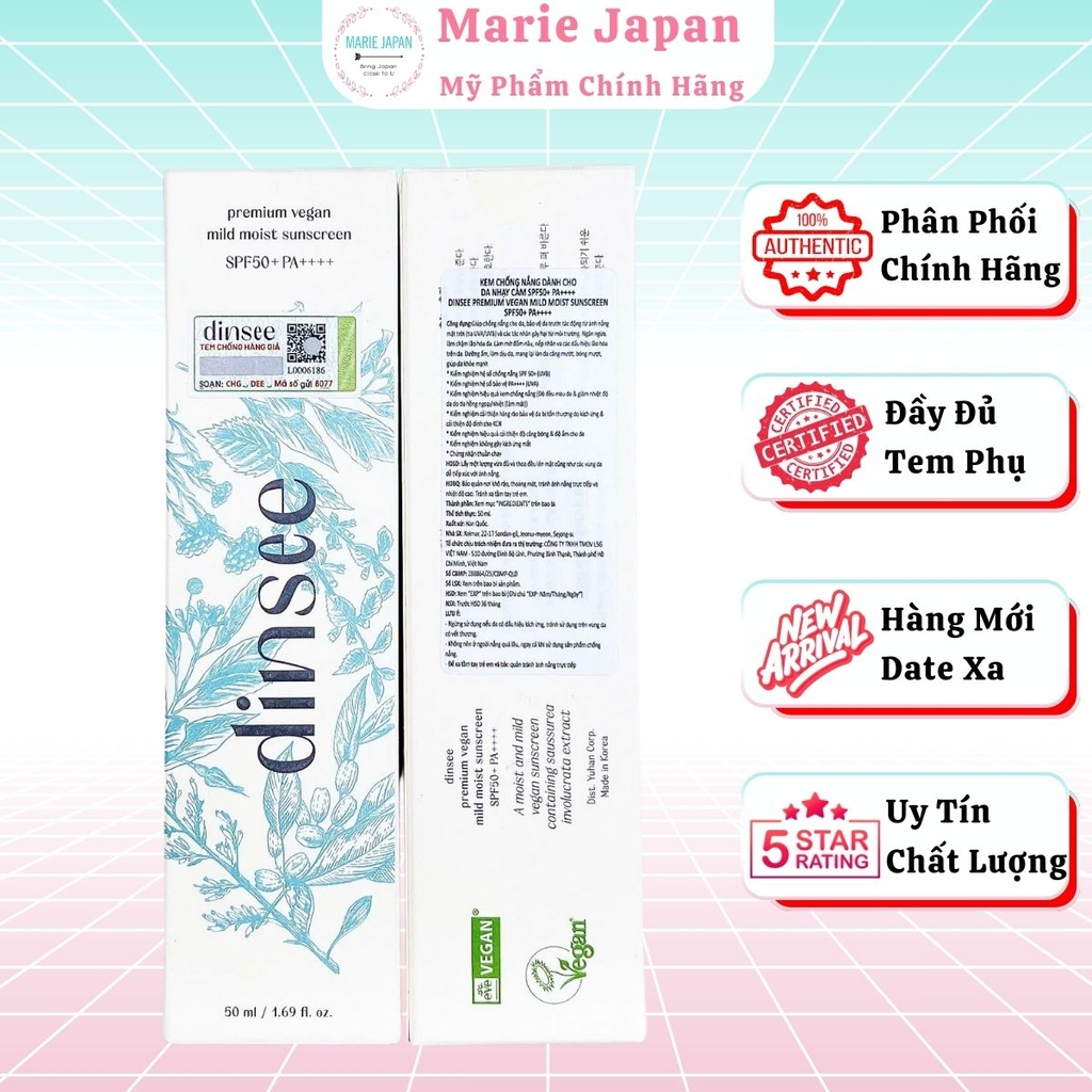 Kem Chống Nắng  Dinsee Premium Nâng Tone Triệt Sắc Ráo Mịn Vegan Tone Up Sunscreen SPF50+ PA++++ Hàn Quốc 50ml