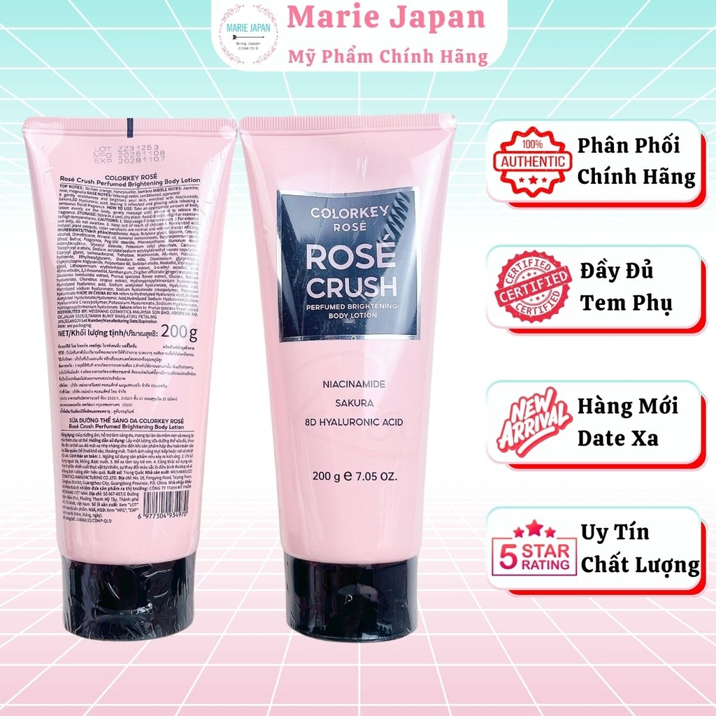 Dưỡng Thể Colorkey Rosé Crush Dưỡng Ẩm Sáng Da Mềm Mịn Ngọt Ngào Perfumed Brightening Body Lotion Tuýp 200g - TẶNG 1 SET 2 SAMPLE GEL TẮM ROSE CRUSH