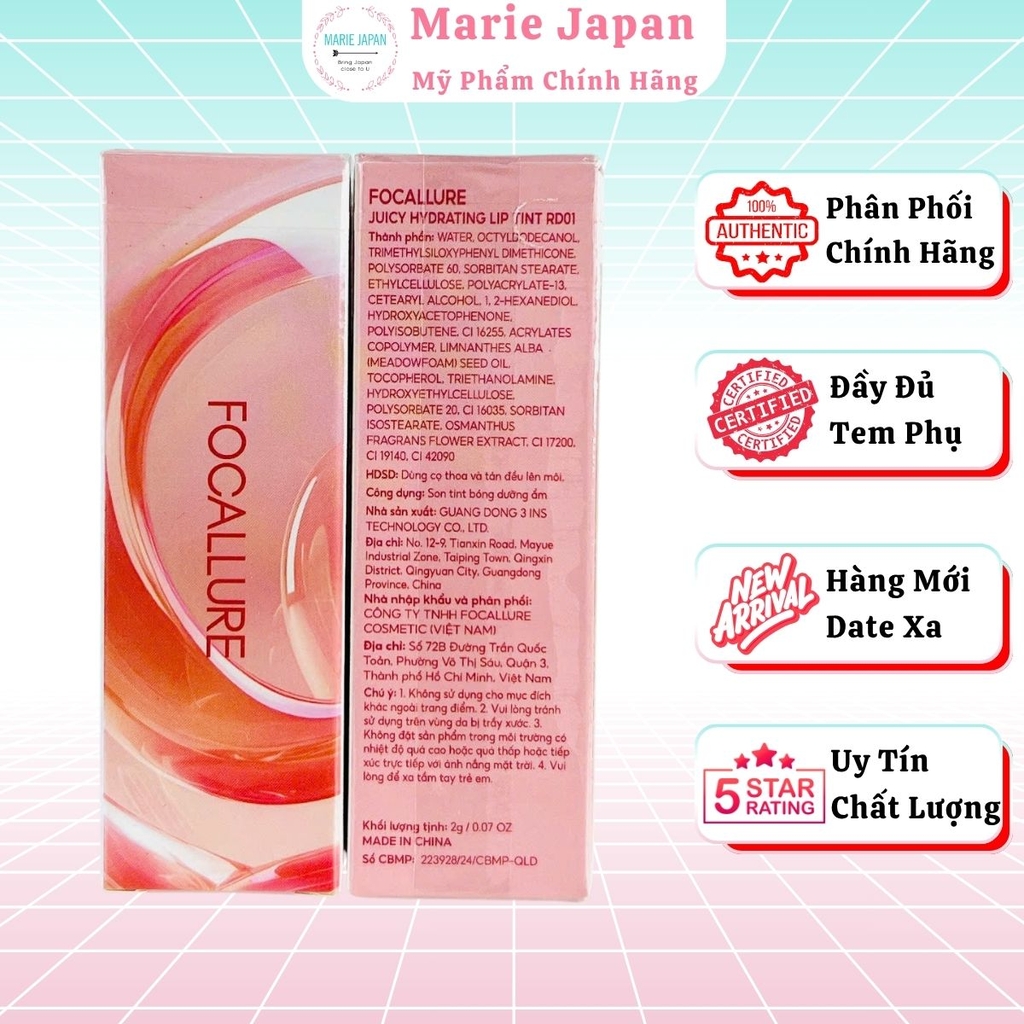 Son Tint Bóng Focallure Căng Mọng Mịn Mướt Lâu Trôi Juicy Hydrating Lip Tint 2g