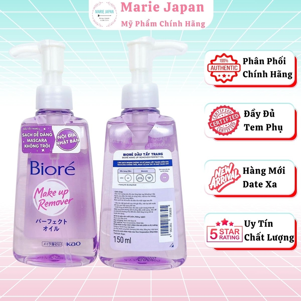 Dầu Tẩy Trang Biore Sạch Sâu Dưỡng Ẩm Mịn Mướt Da Makeup Remove Perfect Oil Nhật Bản Chai 150ml