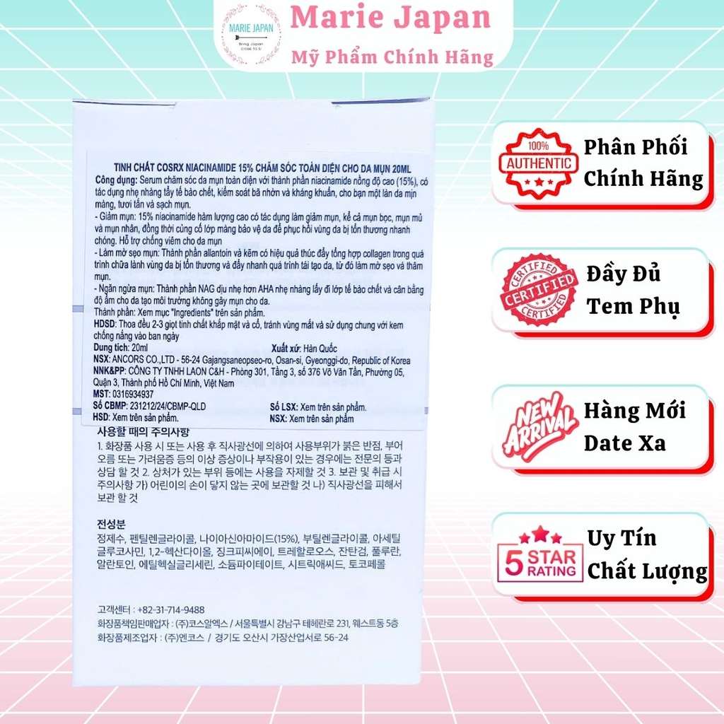 Serum COSRX The RX Niacinamide 15% Dưỡng Sáng Giảm Thâm Mụn Hàn Quốc Chai 20ml