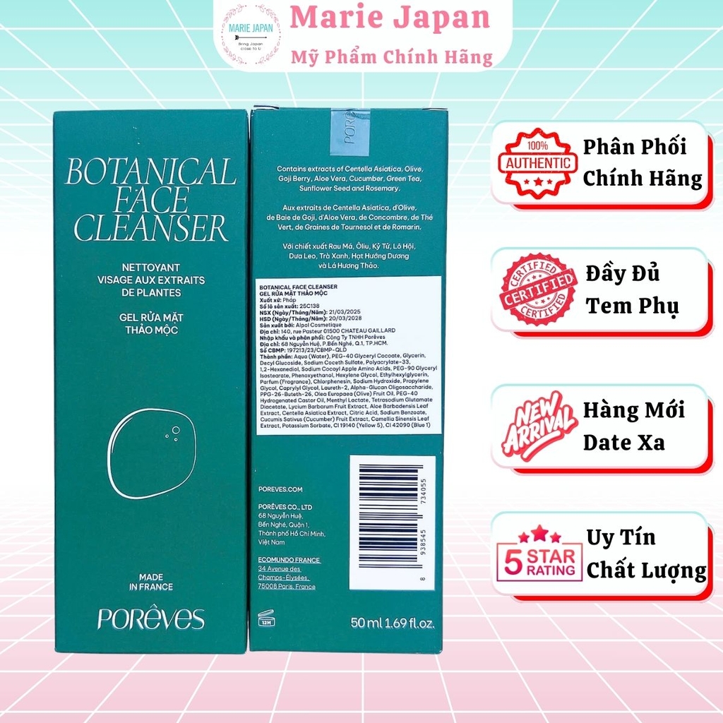 Gel Rửa Mặt Porêves Thảo Mộc Sạch Sâu Dịu Nhẹ Cân Bằng Da  Botanical Face Cleanser Chai 50ml