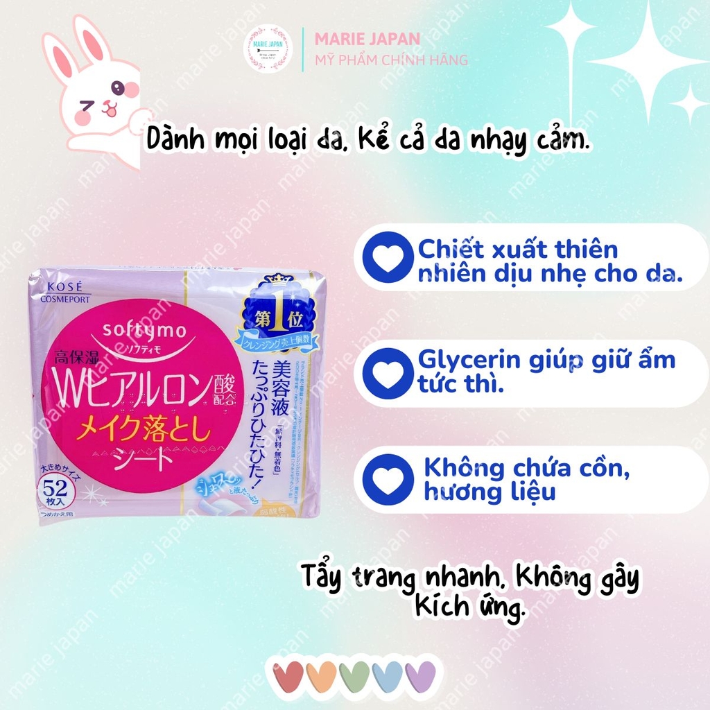 Khăn Giấy Tẩy Trang Kose Softymo Makeup Remover Sạch Nhanh Dịu Nhẹ Tiện Lợi Nhật Bản Gói 52 Miếng