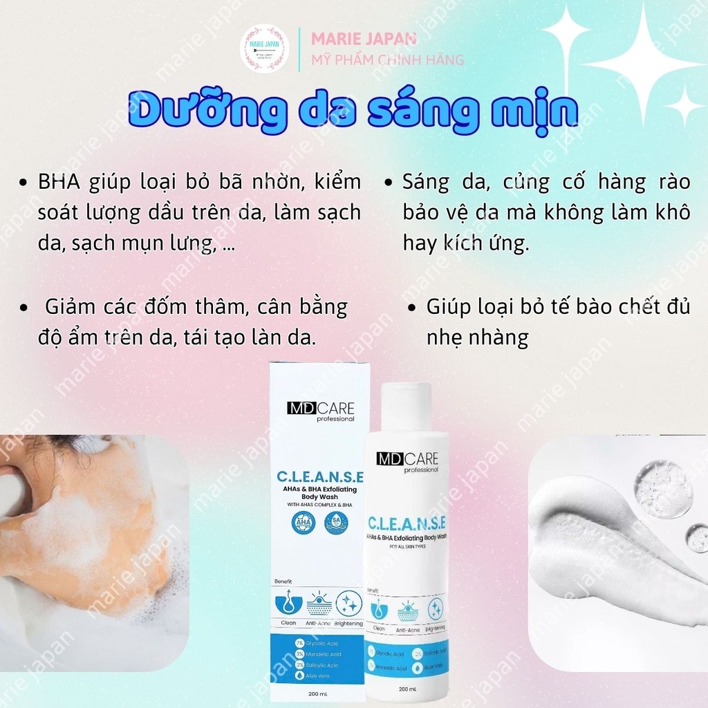 Sữa Tắm MD CARE AHAs & BHA Giảm Mụn Tẩy Tế Bào Chết Sạch Da Exfoliating Body Wash 200ml
