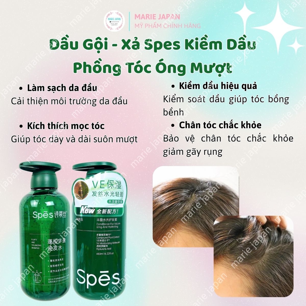 Dầu Gội  Xả Kích Thích Mọc Tóc Spes XANH LÁ VE Phục Hồi Kiềm Dầu Giảm Gãy Rụng Suôn Mượt Phồng Tóc