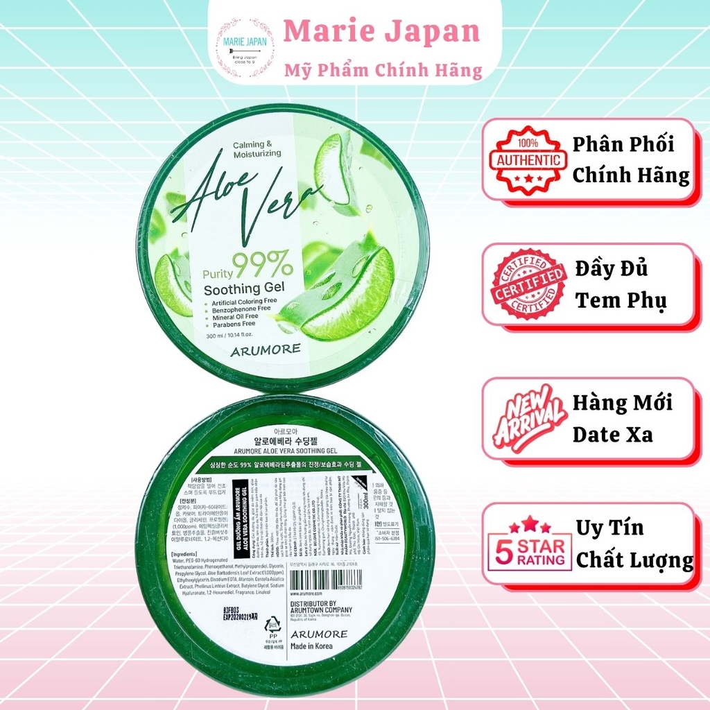 Gel Dưỡng Ẩm Lô Hội Arumore Aloe Vera 99% Làm Dịu Da Phục Hồi Dưỡng Ẩm Toàn Thân – Hàn Quốc – Hũ 300ml