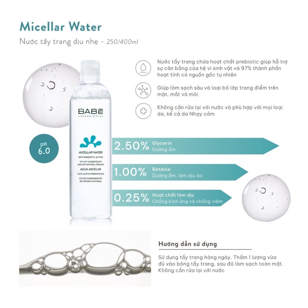 Nước Tẩy Trang BABE Essentials Prebiotic Micellar Water Làm Sạch Sâu Dịu Nhẹ Phù Hợp Mọi Loại Da 250ml