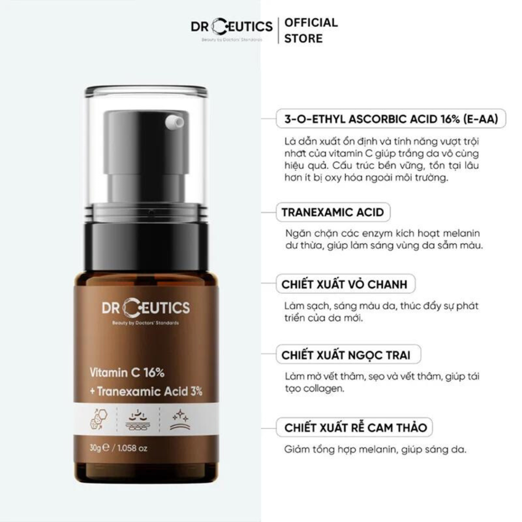 Serum DrCeutics Vitamin C 16% + Tranexamic Acid 3% Dưỡng Sáng Mờ Thâm Nám Chống Lão Hóa Da - Chai 30g