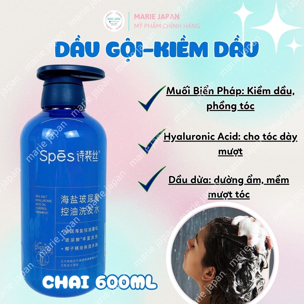 Dầu Gội Xả Spes Axit Hyaluronic Muối Biển Sạch Sâu Kiềm Dầu Dưỡng Ẩm Phục Hồi Tóc Bồng Bềnh Chai 600ml